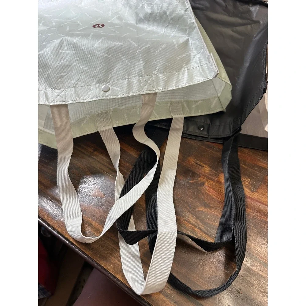 Lululemon Large Reusable Shopping Tote Bags Set of 2 Black White Cream with Logo